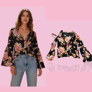 Billabong Black Floral V-Neck Bell Sleeve Blouse